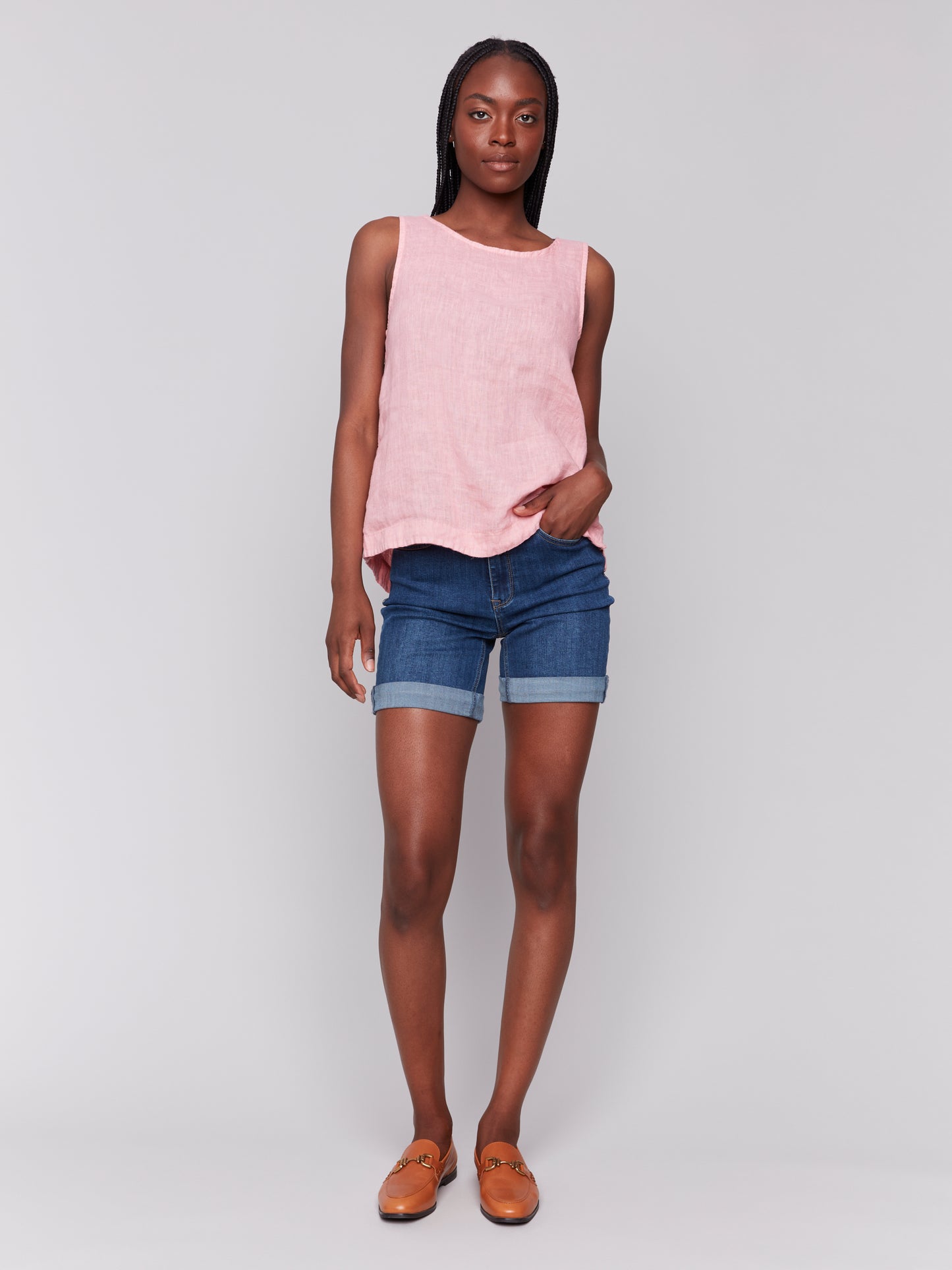 Charlie B Spring/Summer 2025-C4425T-692-Solid Sleeveless Round Neck Linen Blouse-Guava - The Coach Pyramids