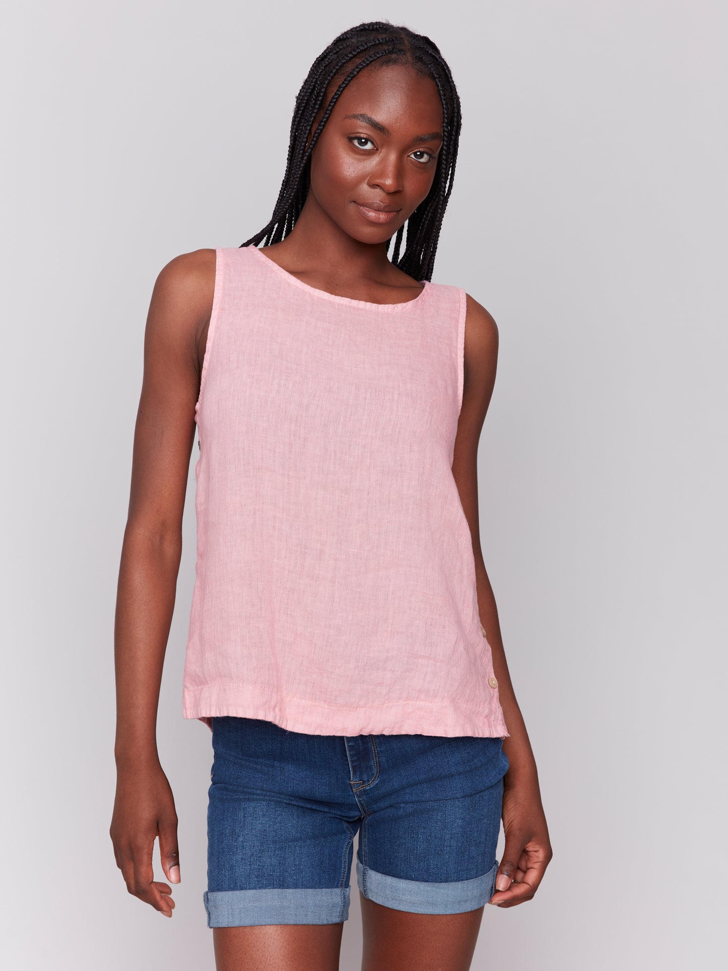 Charlie B Spring/Summer 2025-C4425T-692-Solid Sleeveless Round Neck Linen Blouse-Guava - The Coach Pyramids