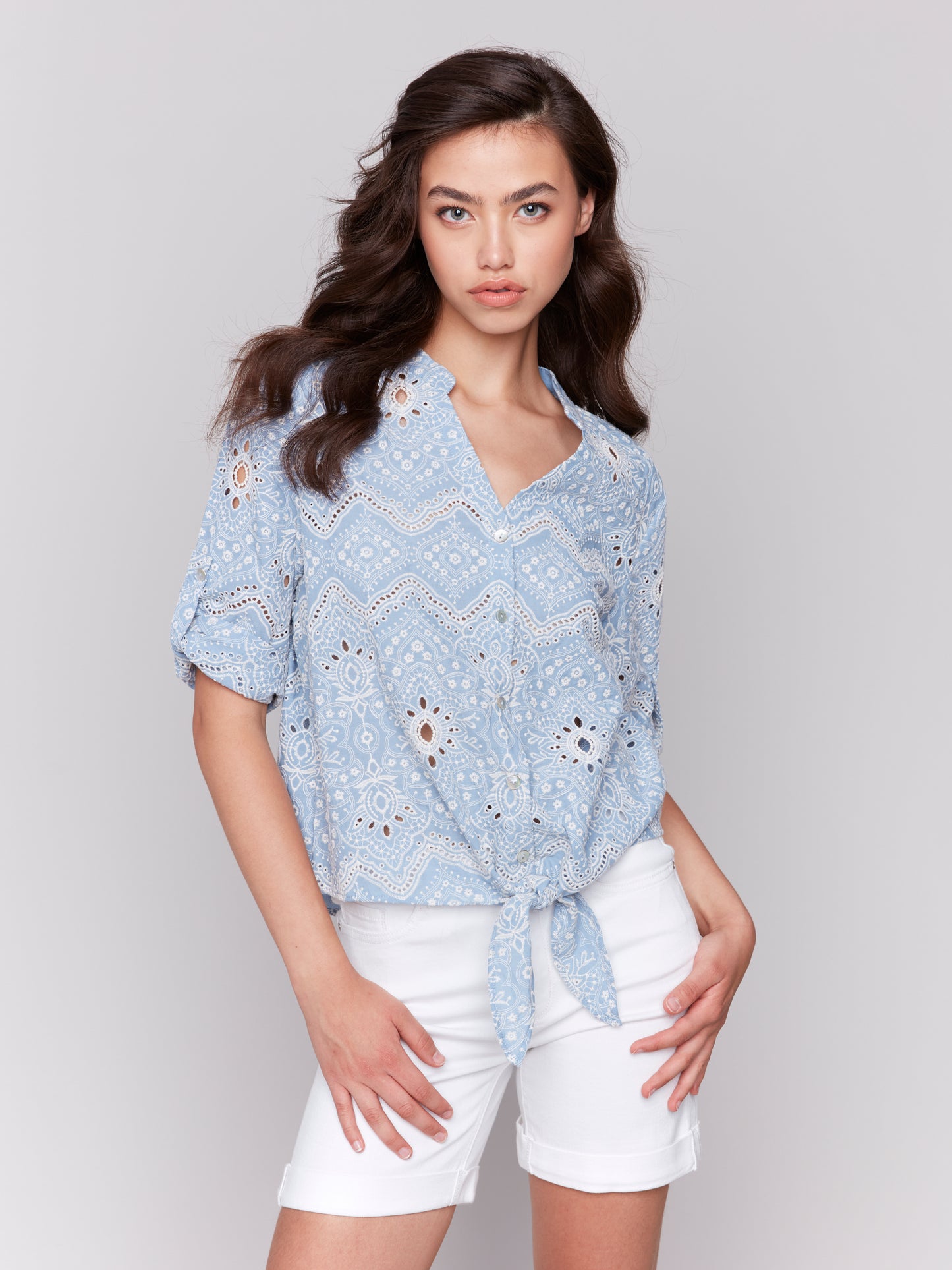 Charlie B Spring/Summer 2025-C4467E-P239-Shirt W/Front Tie-Blue Bell - The Coach Pyramids