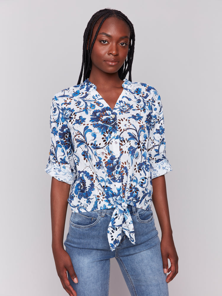 Charlie B Spring/Summer 2025-C4467PR-P311-Embroidery Front Tie Cotton Blouse-Delphinium