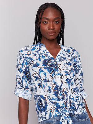 Charlie B Spring/Summer 2025-C4467PR-P311-Embroidery Front Tie Cotton Blouse-Delphinium