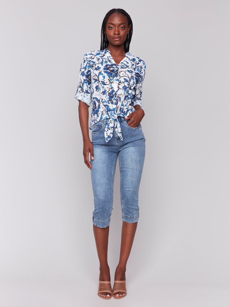 Charlie B Spring/Summer 2025-C4467PR-P311-Embroidery Front Tie Cotton Blouse-Delphinium