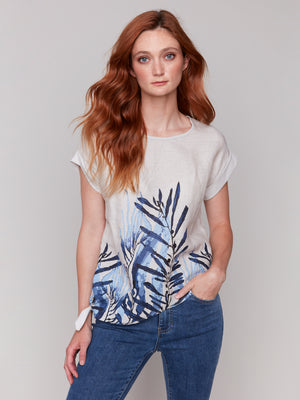 Charlie B Spring/Summer 2025-C4483B-P463-Printed Linen Top W/Side Tie-Palm