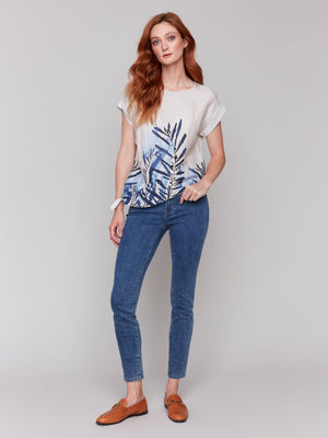 Charlie B Spring/Summer 2025-C4483B-P463-Printed Linen Top W/Side Tie-Palm