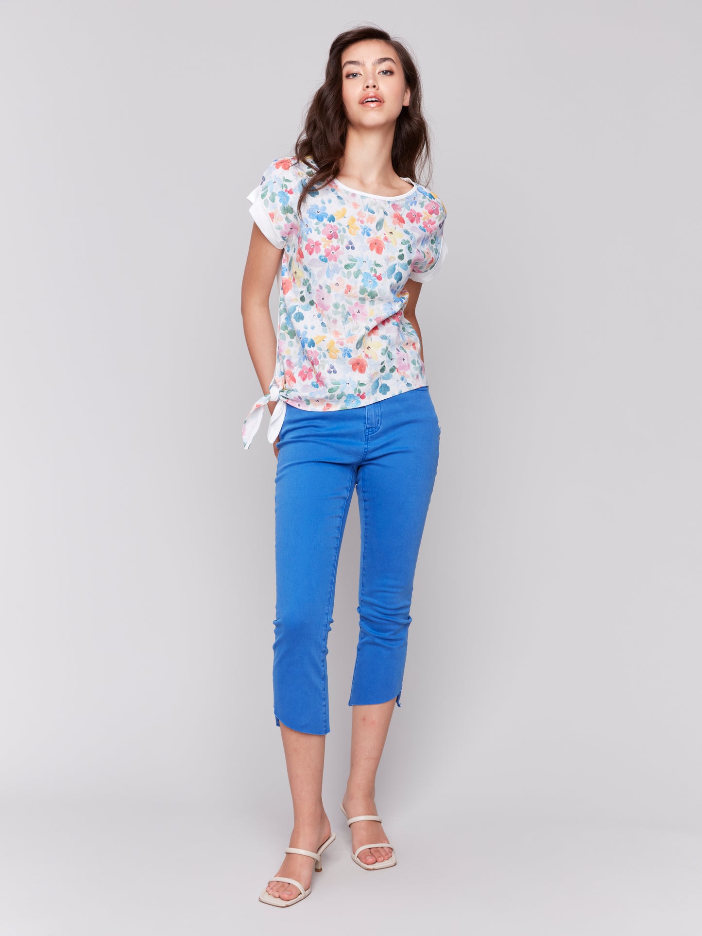 Charlie B Spring/Summer 2025-C4483RR-P402-Printed Round Neck Jersey T Shirt W/Front Tie-Flowers - The Coach Pyramids