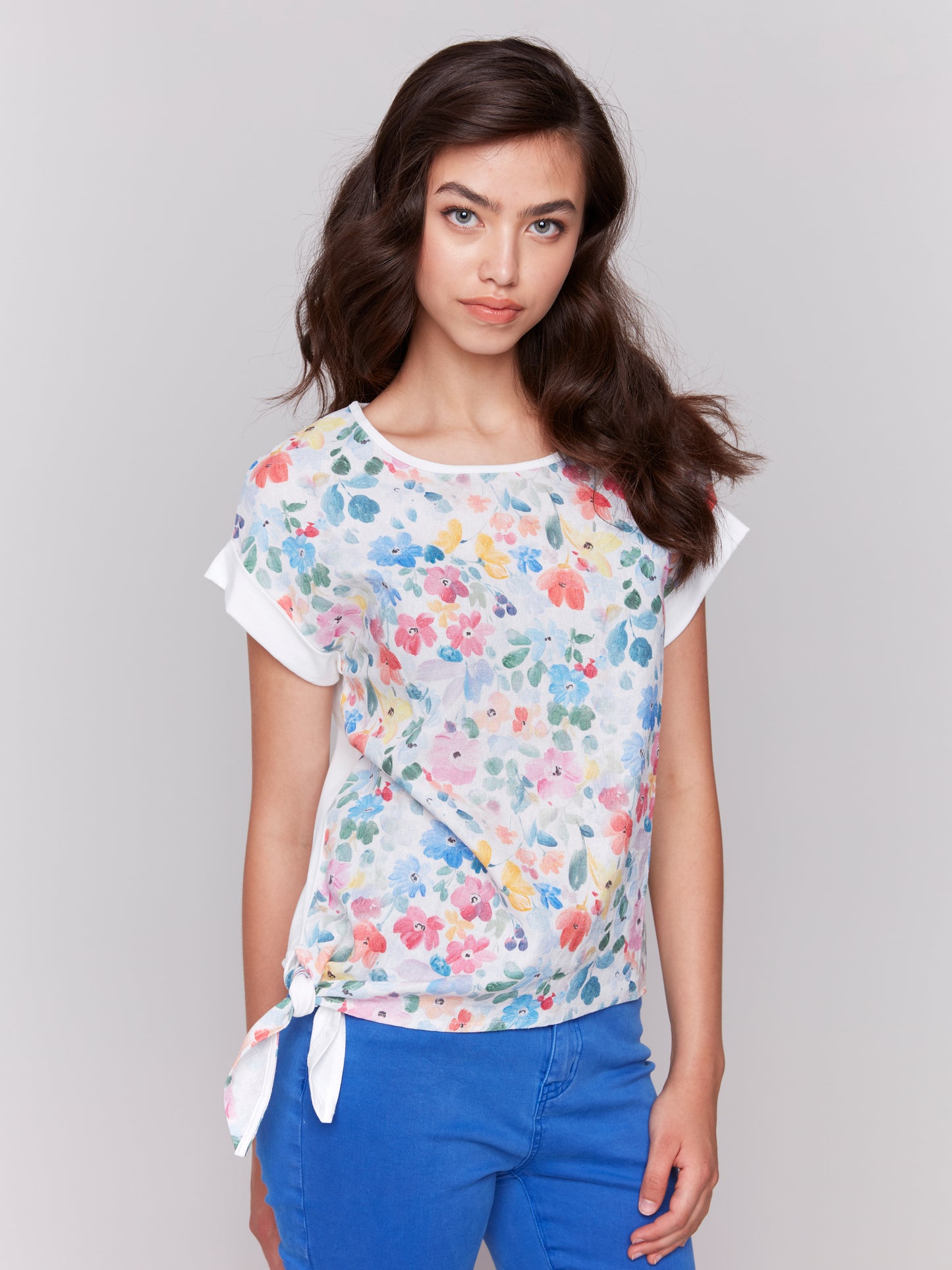 Charlie B Spring/Summer 2025-C4483RR-P402-Printed Round Neck Jersey T Shirt W/Front Tie-Flowers - The Coach Pyramids