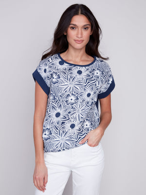 Charlie B  Spring/Summer 2024-C4483R-032B-Front Tie Shirt-Navy - The Coach Pyramids