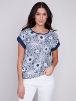 Charlie B Spring/Summer 2024-C4483R-032B-Printed Linen Shirt-Navy - The Coach Pyramids