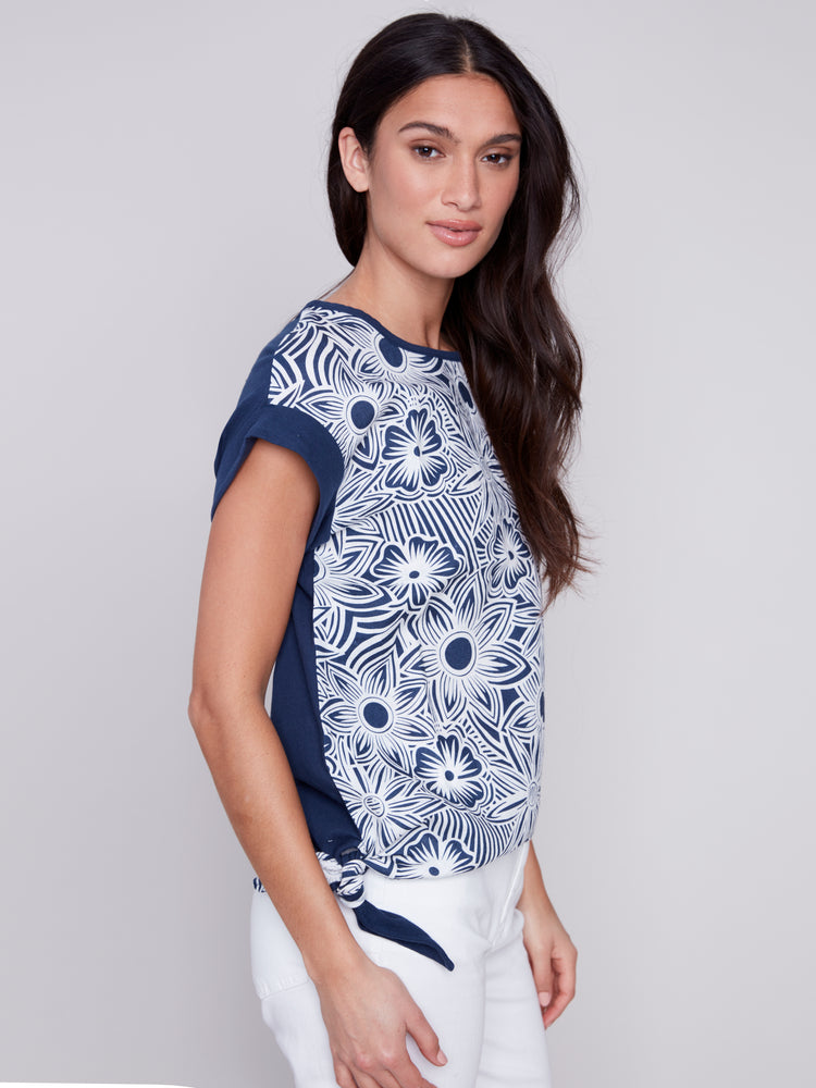 Charlie B Spring/Summer 2024-C4483R-032B-Printed Linen Shirt-Navy - The Coach Pyramids