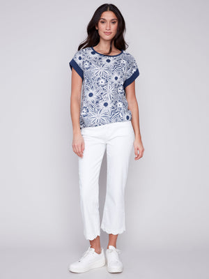 Charlie B  Spring/Summer 2024-C4483R-032B-Front Tie Shirt-Navy - The Coach Pyramids