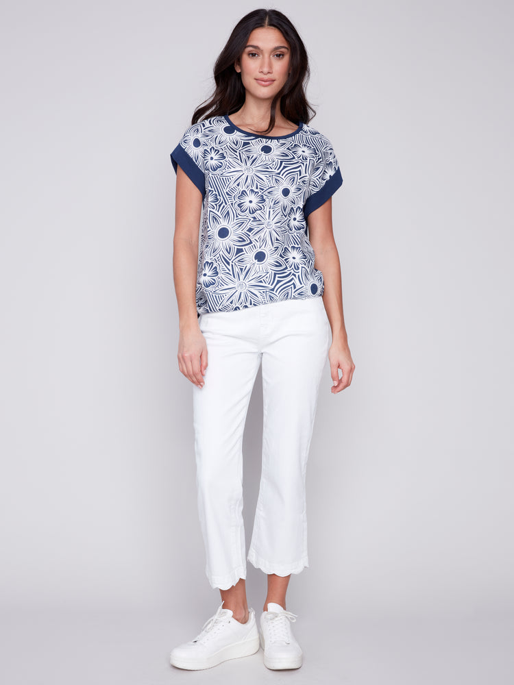 Charlie B Spring/Summer 2024-C4483R-032B-Printed Linen Shirt-Navy - The Coach Pyramids