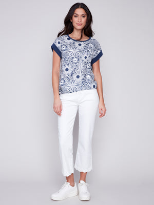 Charlie B Spring/Summer 2024-C4483R-032B-Printed Linen Shirt-Navy - The Coach Pyramids