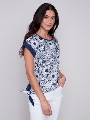 Charlie B Spring/Summer 2024-C4483R-032B-Printed Linen Shirt-Navy - The Coach Pyramids