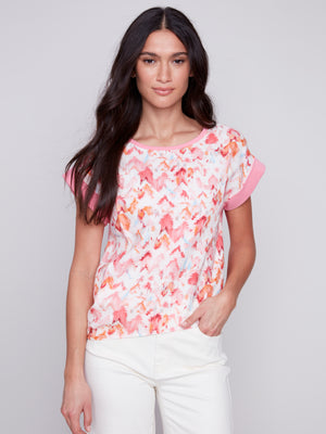 Charlie B Spring/Summer 2024-C4483R-032B-Printed Linen Shirt-Tangerine - The Coach Pyramids