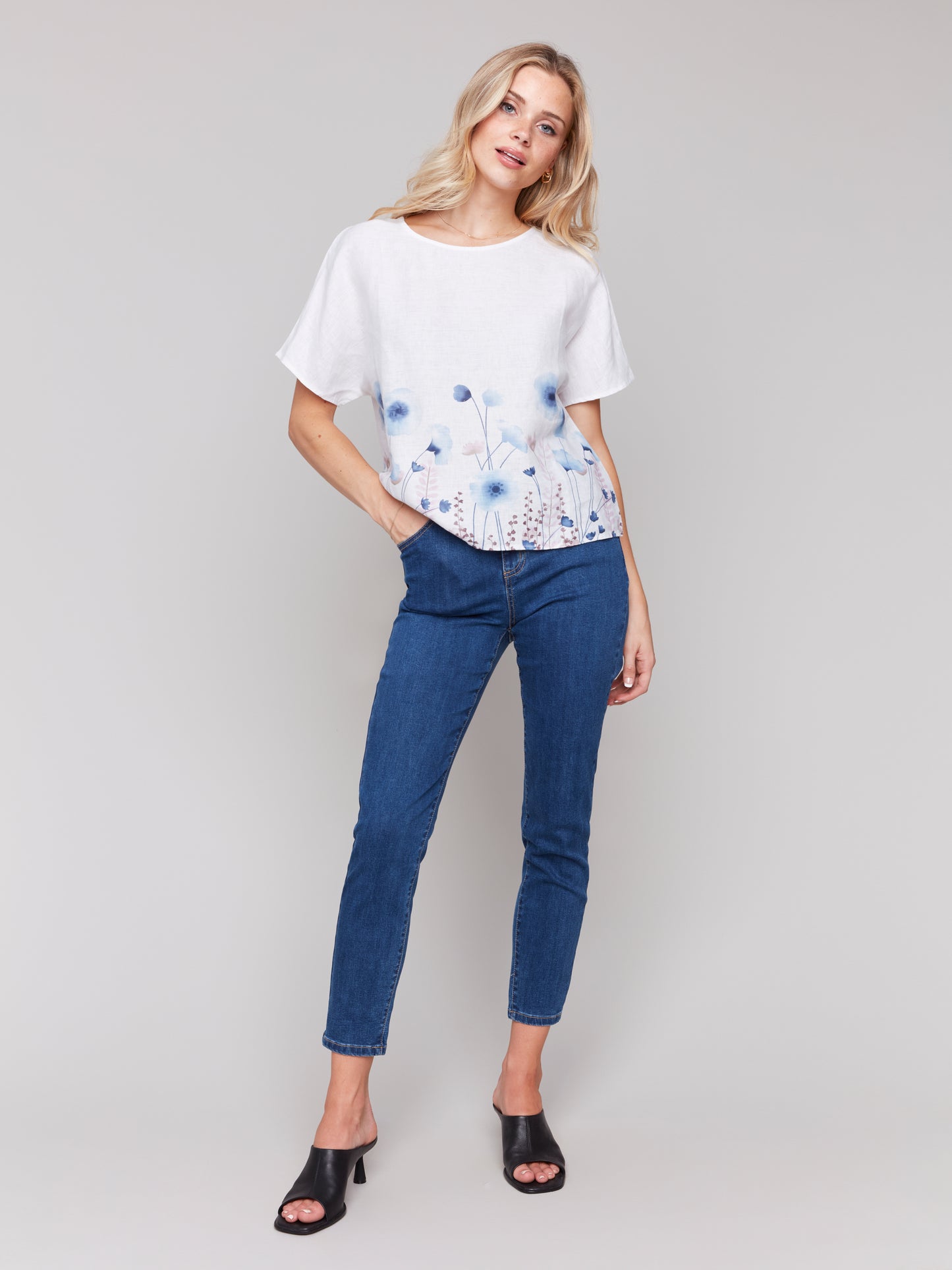 Charlie B Spring/Summer 2025-C4487BR-P829-Printed Linen Dolman Top-Field - The Coach Pyramids