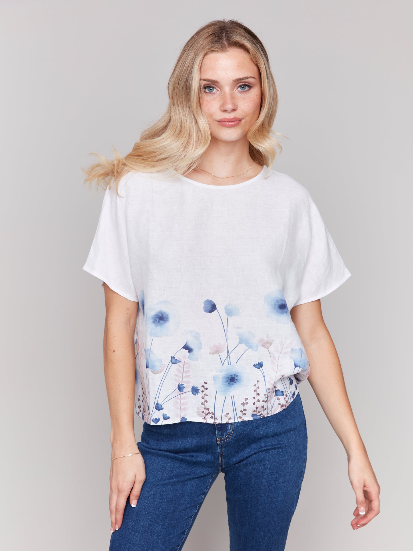 Charlie B Spring/Summer 2025-C4487BR-P829-Printed Linen Dolman Top-Field - The Coach Pyramids