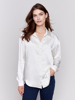 Charlie B Fall 2024-C4308XP-P816-Solid Gusty Satin Button Down Shirt-Ecru