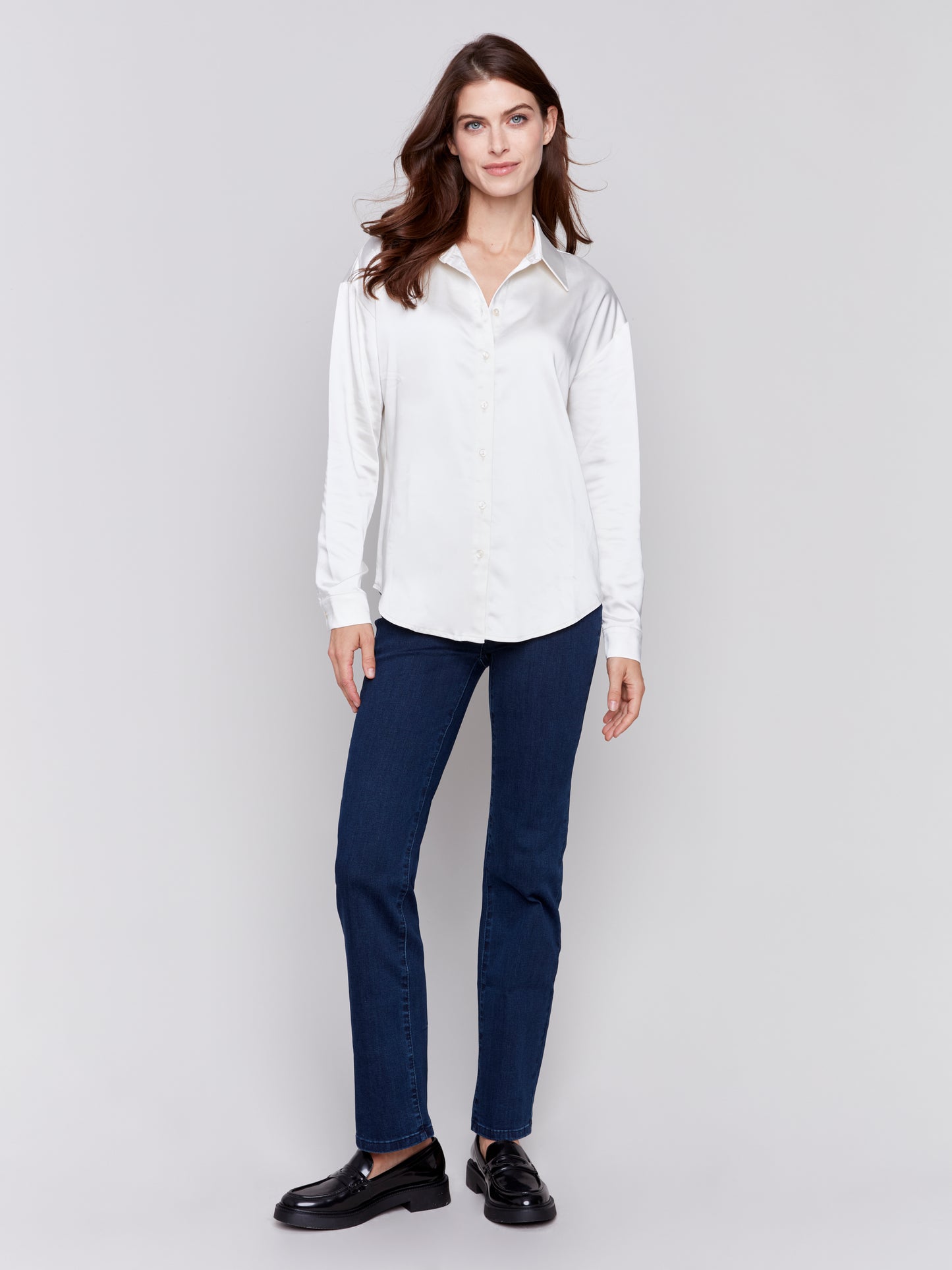 Charlie B Fall 2024-C4308XP-P816-Solid Gusty Satin Button Down Shirt-Ecru - The Coach Pyramids