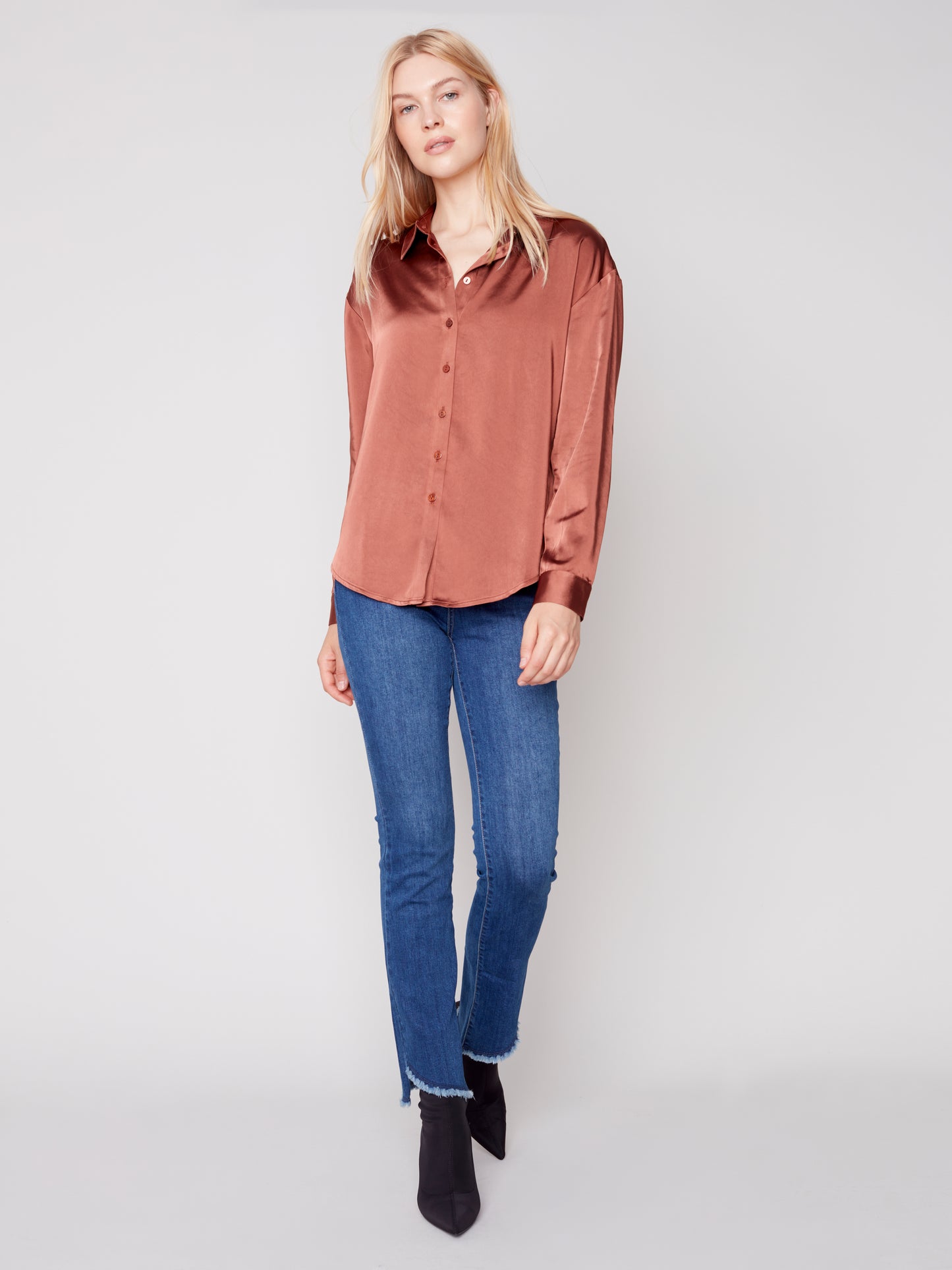 Charlie B Fall 2023-C4489-678B-Satin Shirt-Cinnamon - The Coach Pyramids