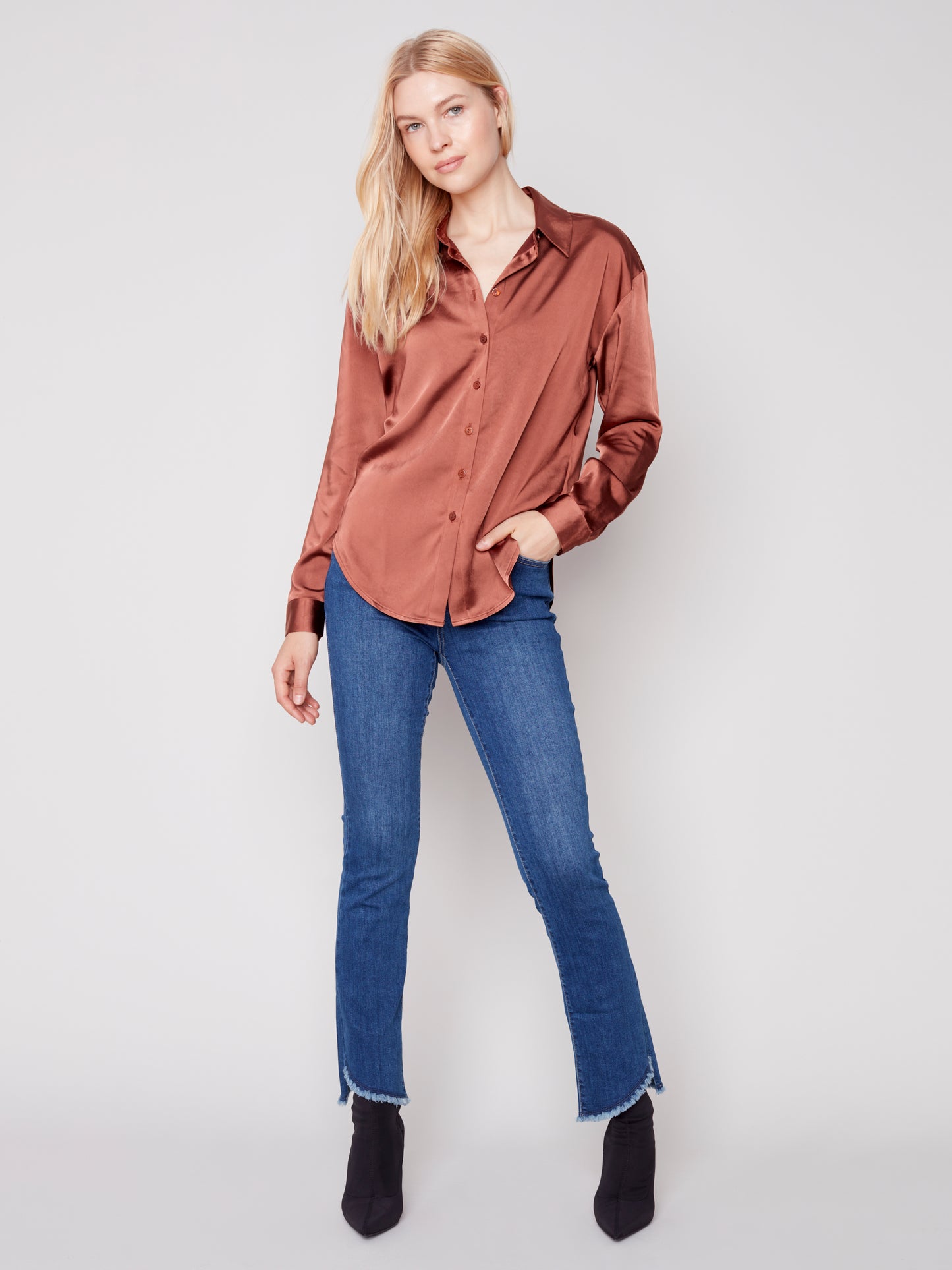 Charlie B Fall 2023-C4489-678B-Satin Shirt-Cinnamon - The Coach Pyramids