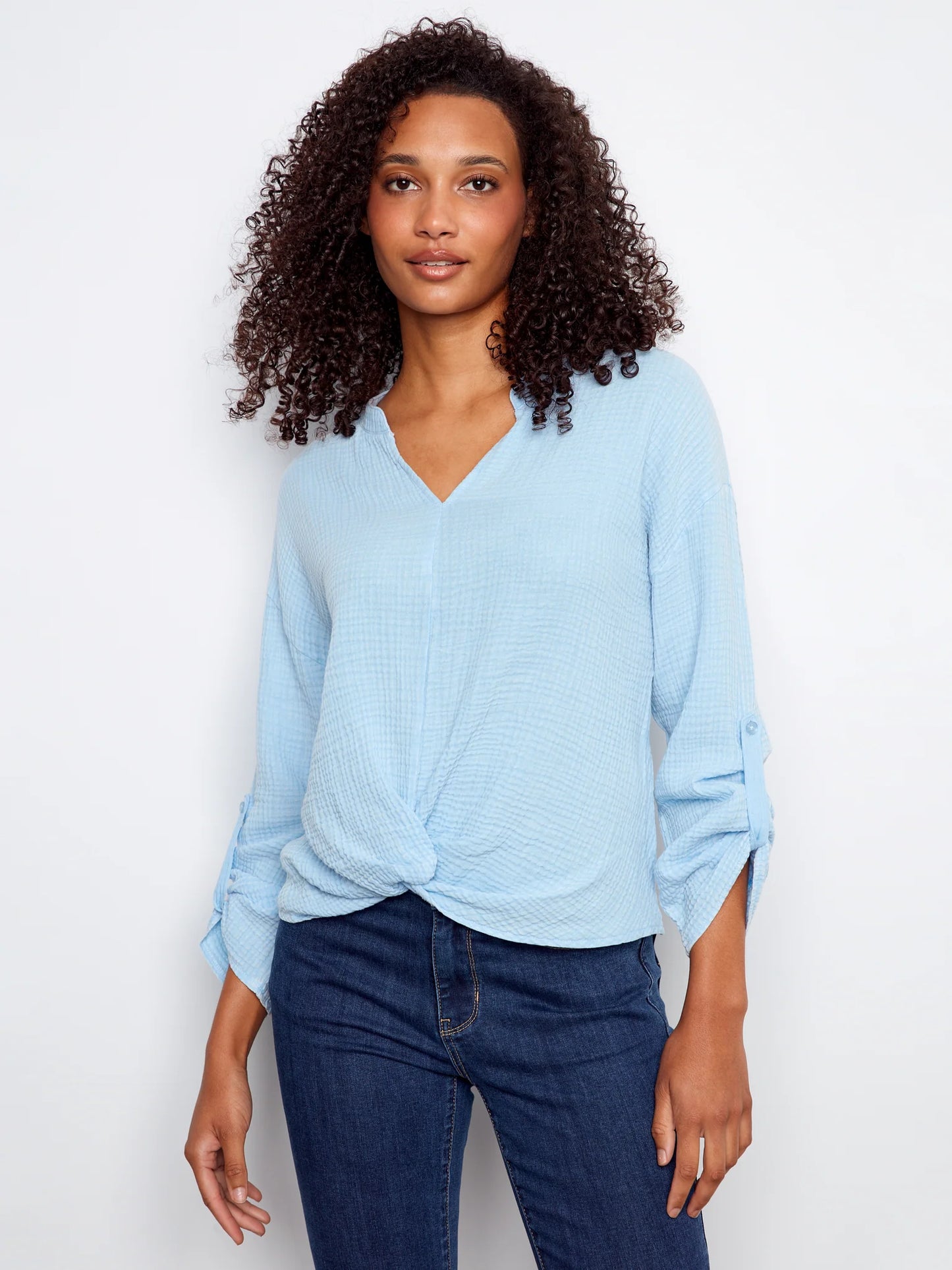 Charlie B-C4495C-239-Split Neck Blouse W/Front Detail-Blue Bell - The Coach Pyramids