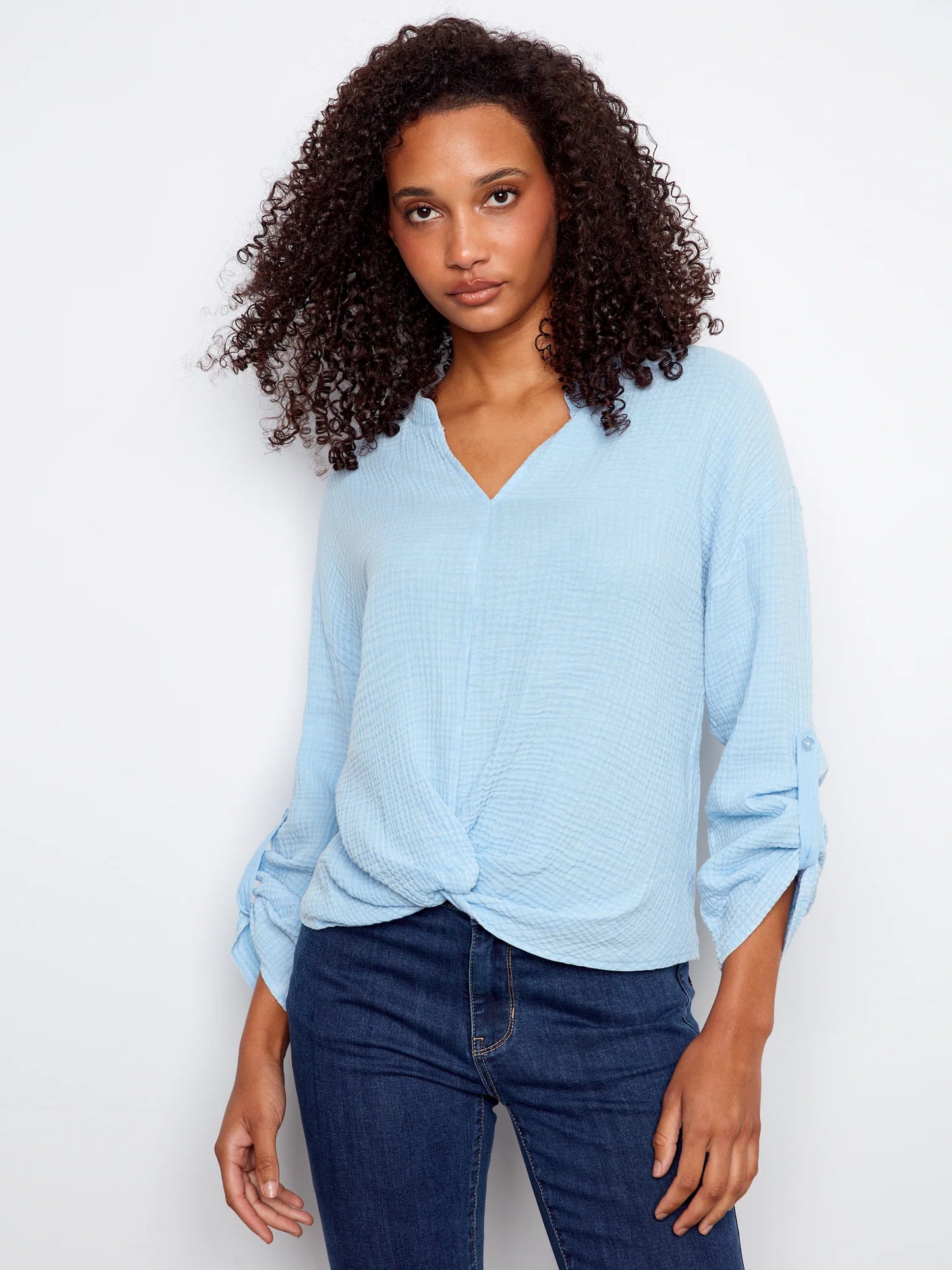 Charlie B-C4495C-239-Split Neck Blouse W/Front Detail-Blue Bell - The Coach Pyramids