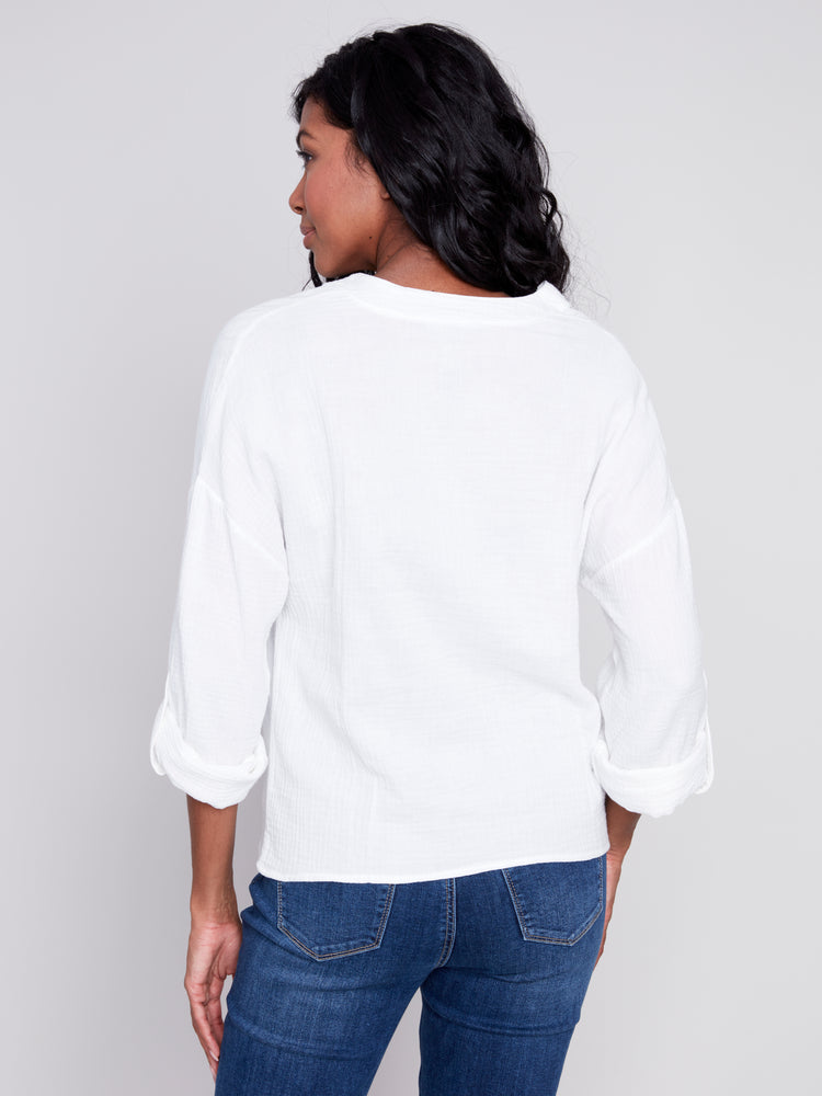 Charlie B Spring/Summer 2024-C4495-050C-Long Sleeve Crew Neck-White - The Coach Pyramids