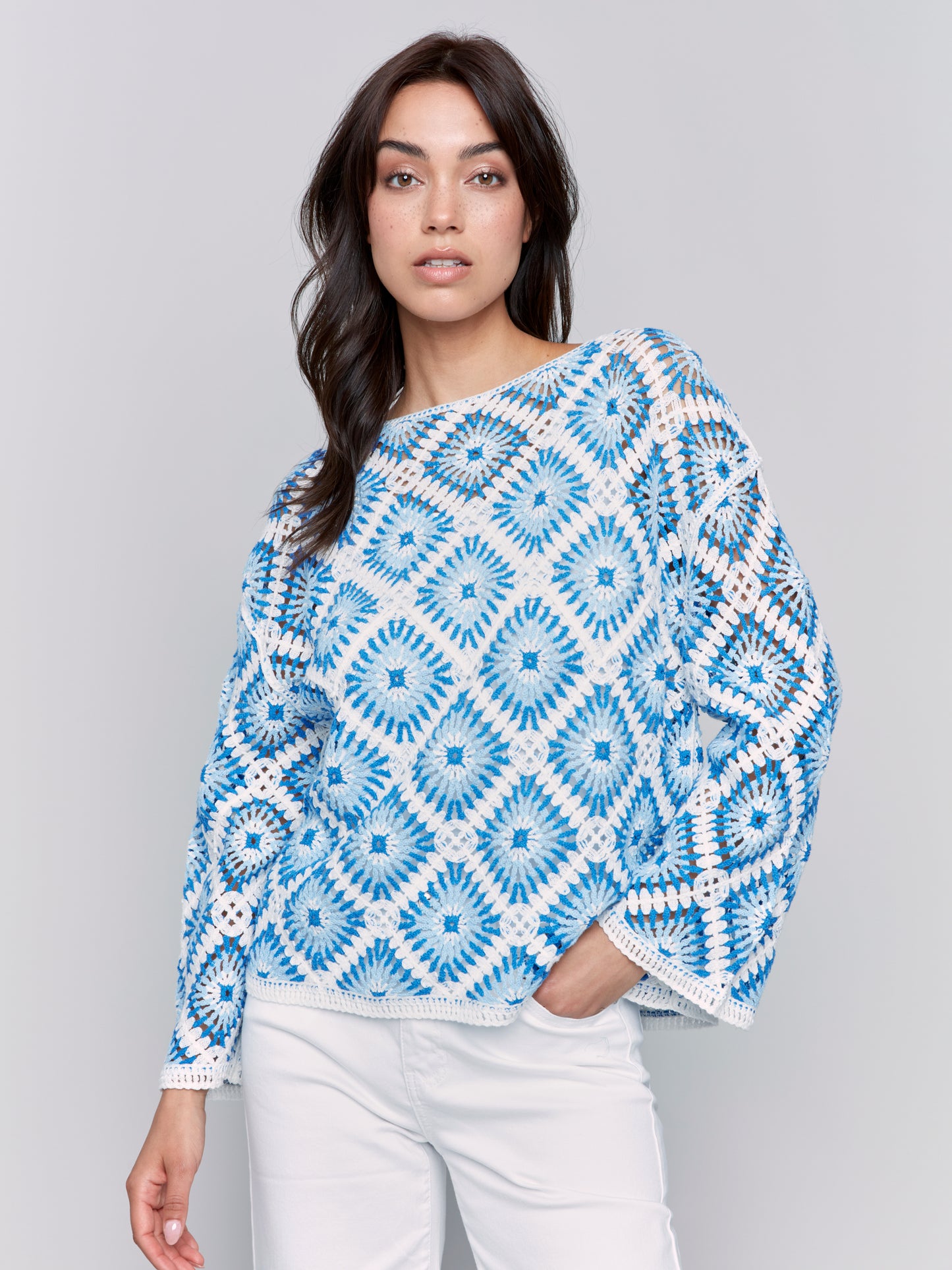 Charlie B Spring/Summer 2025-C4499RR-P392-Crochet Long Sleeve Boat Neck Top-Coastal - The Coach Pyramids
