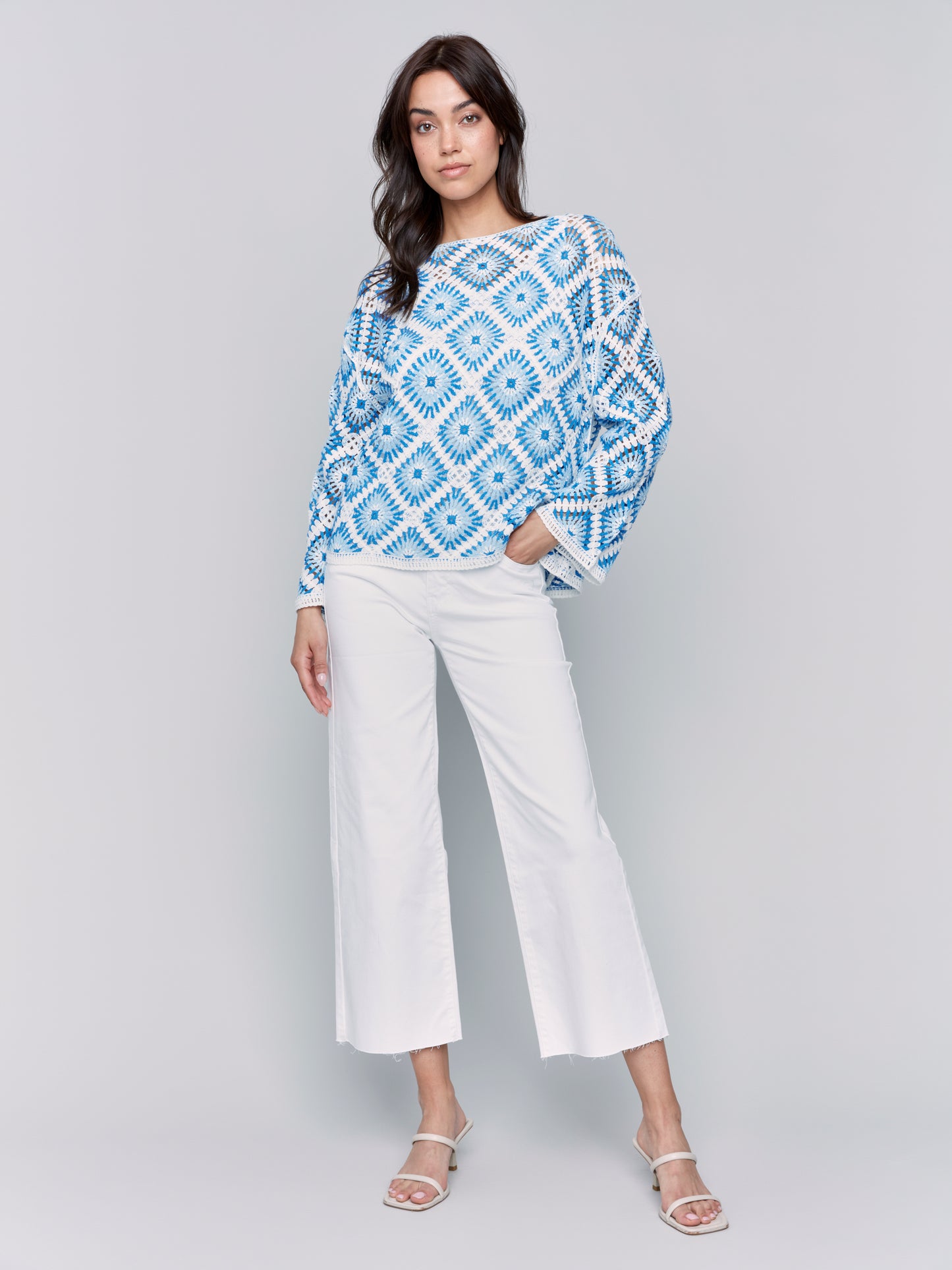 Charlie B Spring/Summer 2025-C4499RR-P392-Crochet Long Sleeve Boat Neck Top-Coastal - The Coach Pyramids