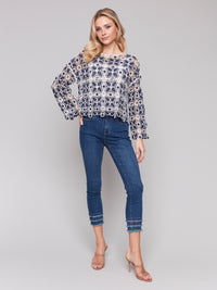 Charlie B Spring/Summer 2025-C4499-P006-Crochet Long Sleeve Boat Neck Top-Denim - The Coach Pyramids