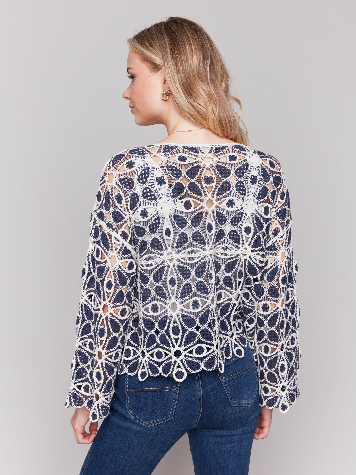 Charlie B Spring/Summer 2025-C4499-P006-Crochet Long Sleeve Boat Neck Top-Denim - The Coach Pyramids