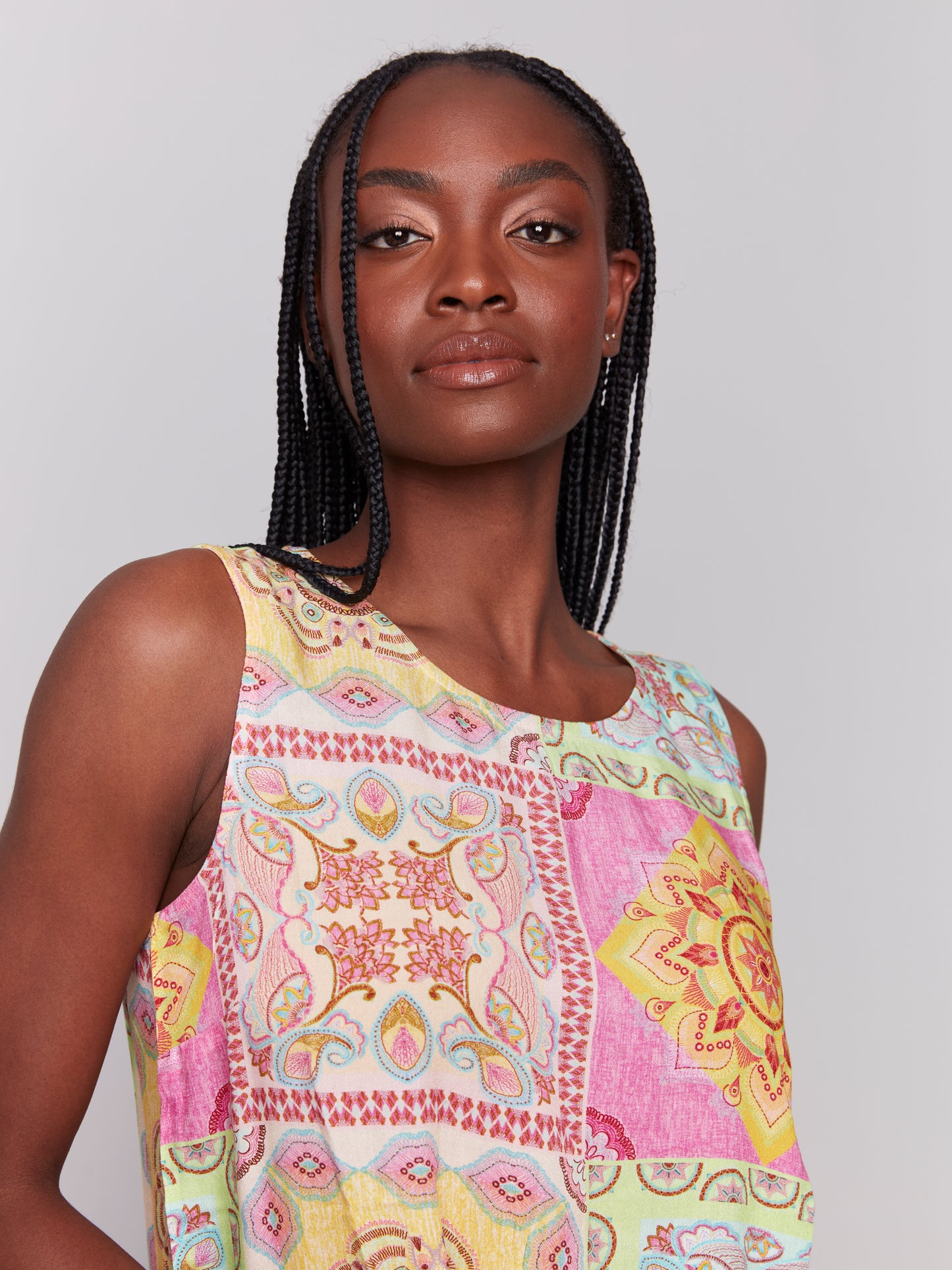 Charlie B Spring/Summer 2025-C4512RP-P857-Printed Sleeveless Crew Neck Popover Blouse-Carousel - The Coach Pyramids