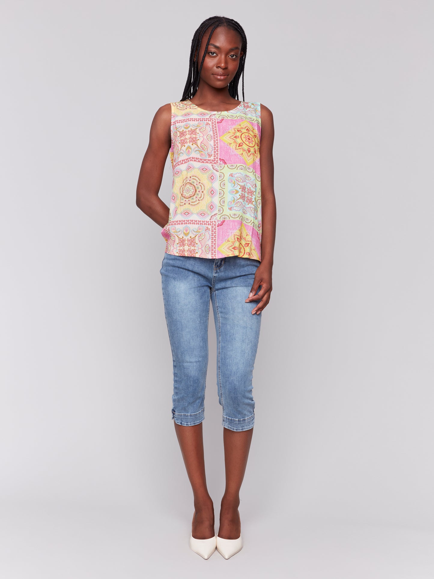 Charlie B Spring/Summer 2025-C4512RP-P857-Printed Sleeveless Crew Neck Popover Blouse-Carousel - The Coach Pyramids