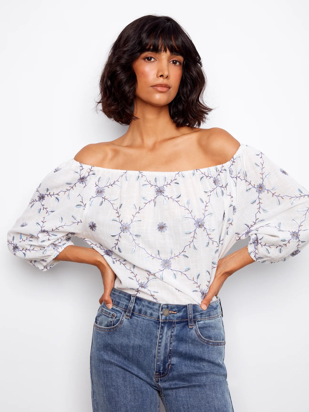 Charlie B-C4527RR-P095-Embroidered Cotton Off Shoulder Blouse-Daisy - The Coach Pyramids