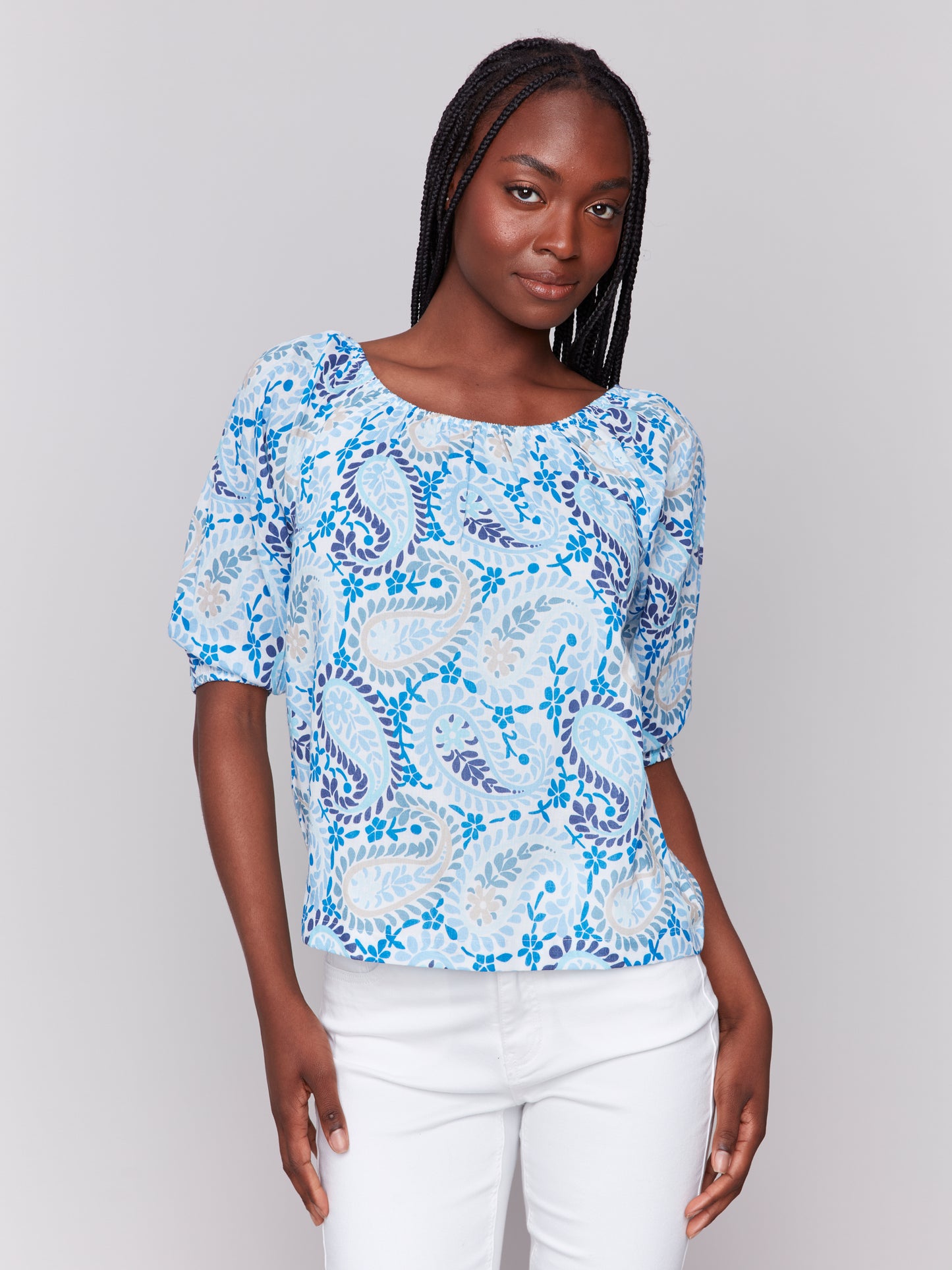 Charlie B Spring/Summer 2025-C4527R-P193-Off The Shoulder Cotton Blouse-Blue - The Coach Pyramids