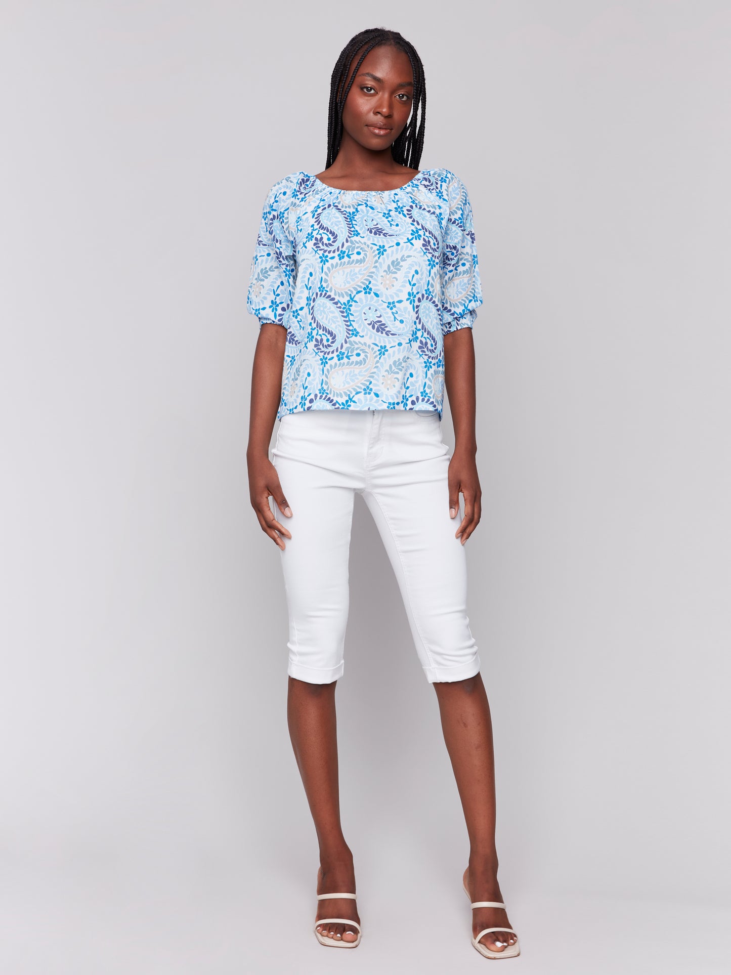 Charlie B Spring/Summer 2025-C4527R-P193-Off The Shoulder Cotton Blouse-Blue - The Coach Pyramids