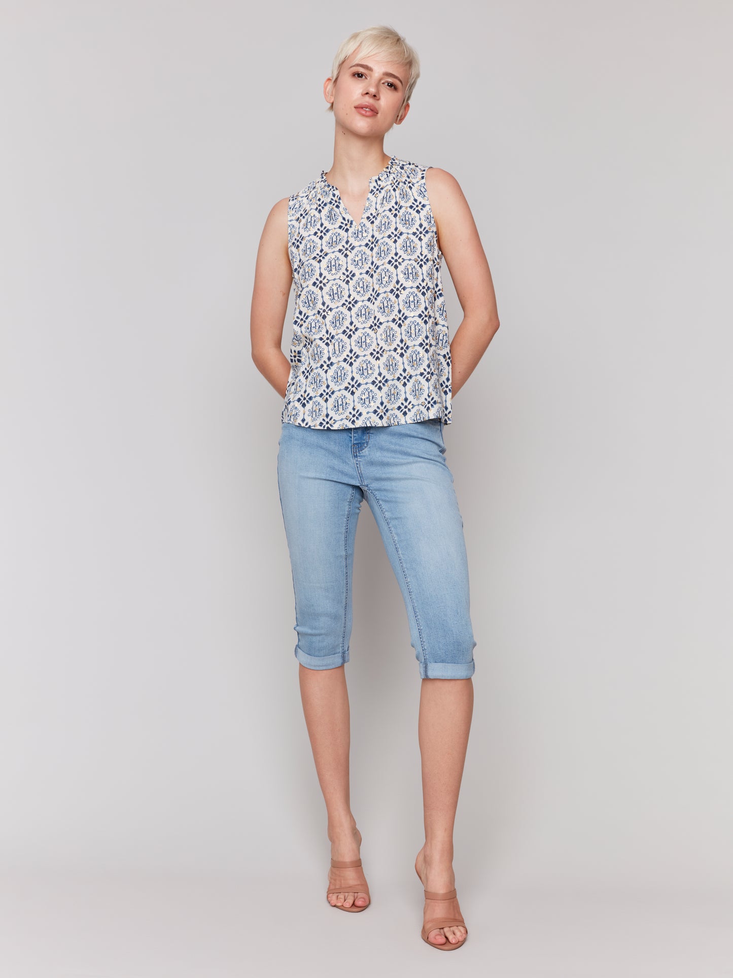 Charlie B Spring/Summer 2025-C4529RP-P874-Printed Sleeveless Blouse W/Ruffle Collar-Ornament - The Coach Pyramids