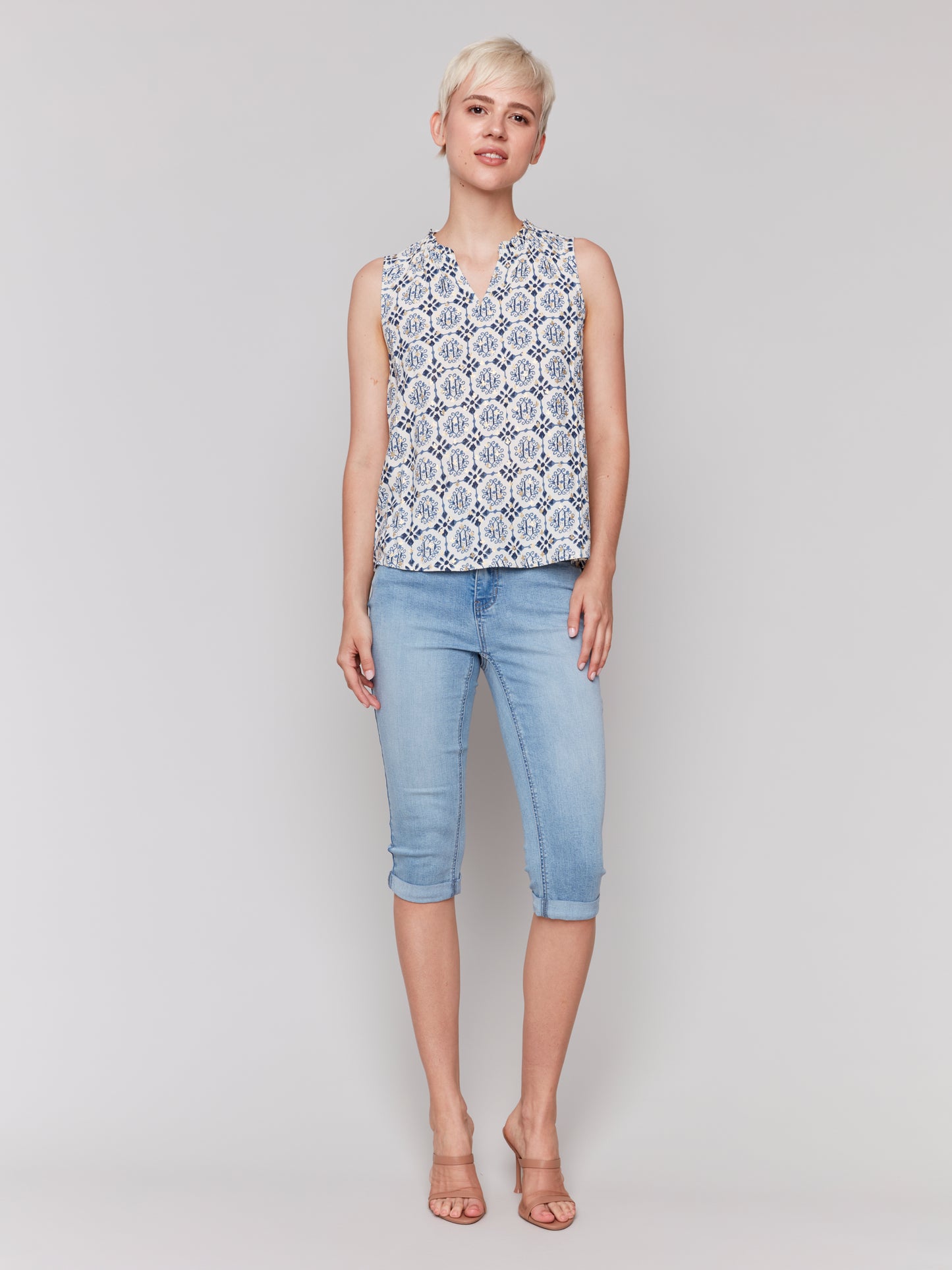 Charlie B Spring/Summer 2025-C4529RP-P874-Printed Sleeveless Blouse W/Ruffle Collar-Ornament - The Coach Pyramids