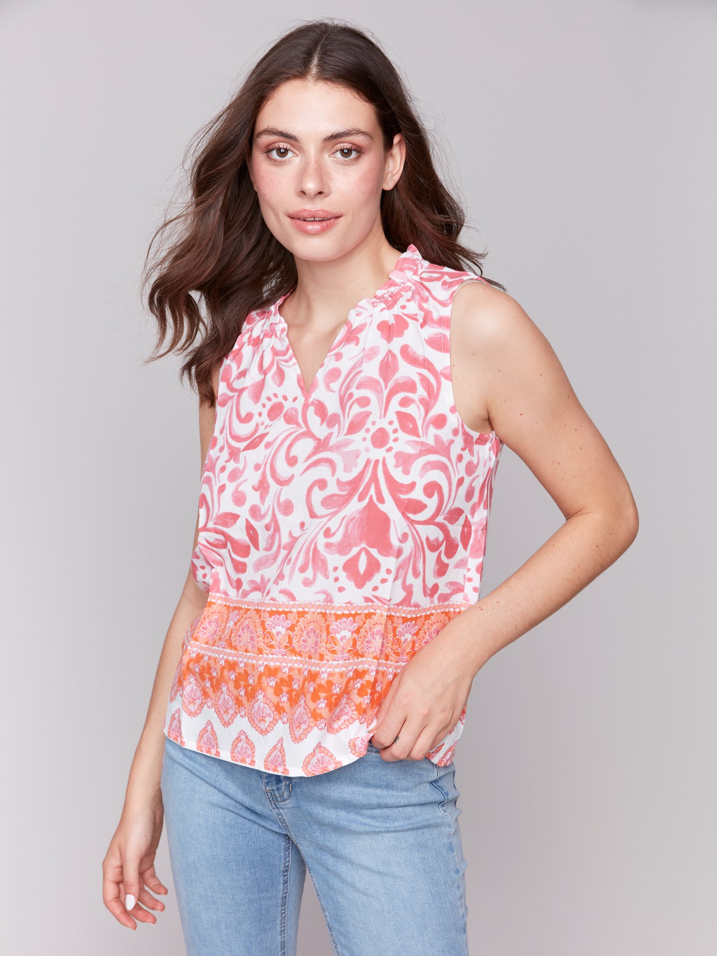 Charlie B Spring/Summer 2025-C4529RP-P875-Printed Sleeveless Blouse W/Ruffle Collar-Clementin - The Coach Pyramids