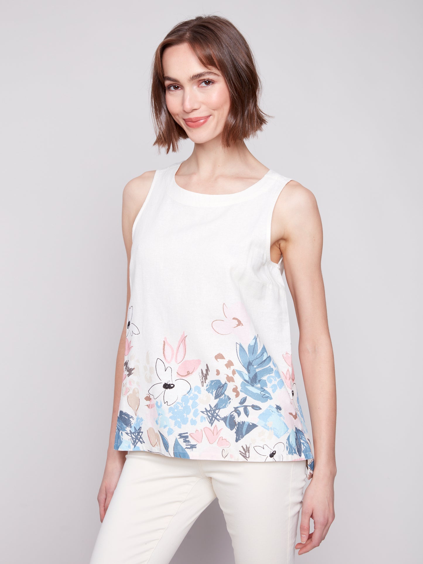 Charlie B Spring/Summer 2025-C4532BY-P835-Sleeveless Printed Linen Top-Supernova - The Coach Pyramids