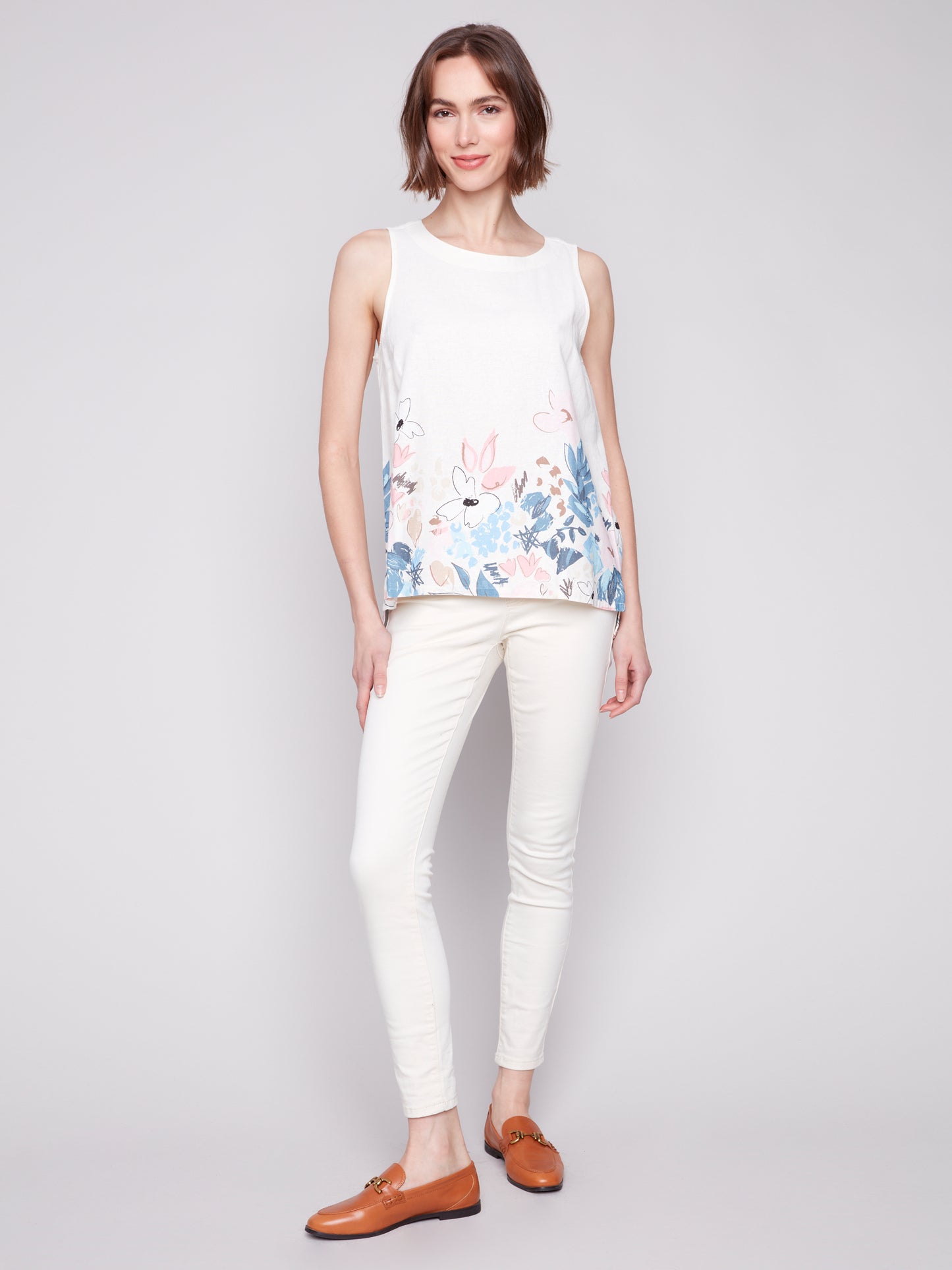 Charlie B Spring/Summer 2025-C4532BY-P835-Sleeveless Printed Linen Top-Supernova - The Coach Pyramids