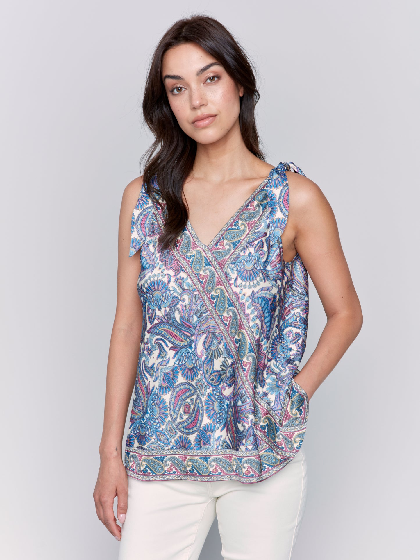 Charlie B Spring/Summer 2025-C4538RP-P683-Crochet Sleeveless Top-Cashmere - The Coach Pyramids
