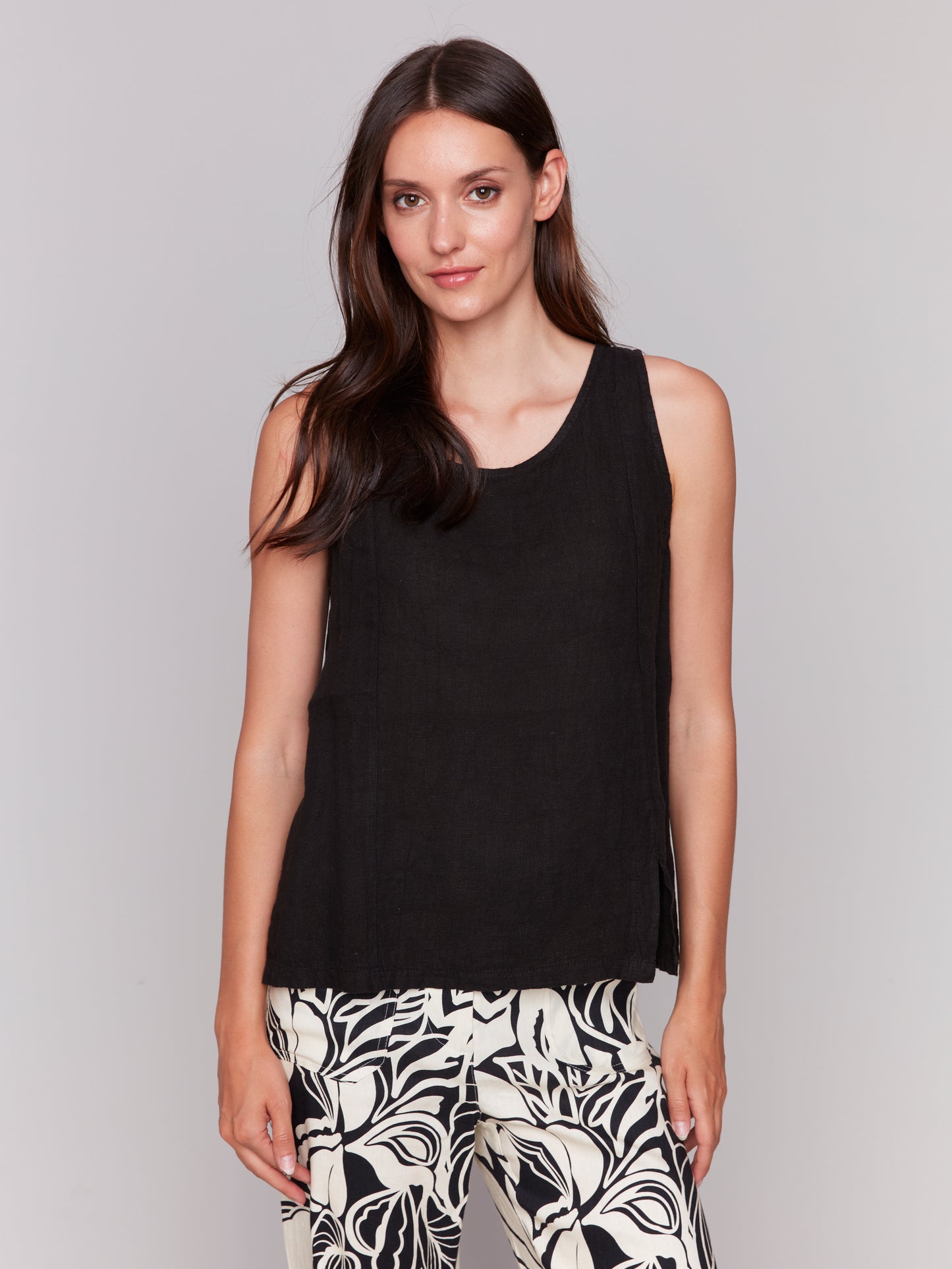 Charlie B Spring/Summer 2025-C4543R-001-Solid Sleeveless Linen Top W/Slits-Black - The Coach Pyramids