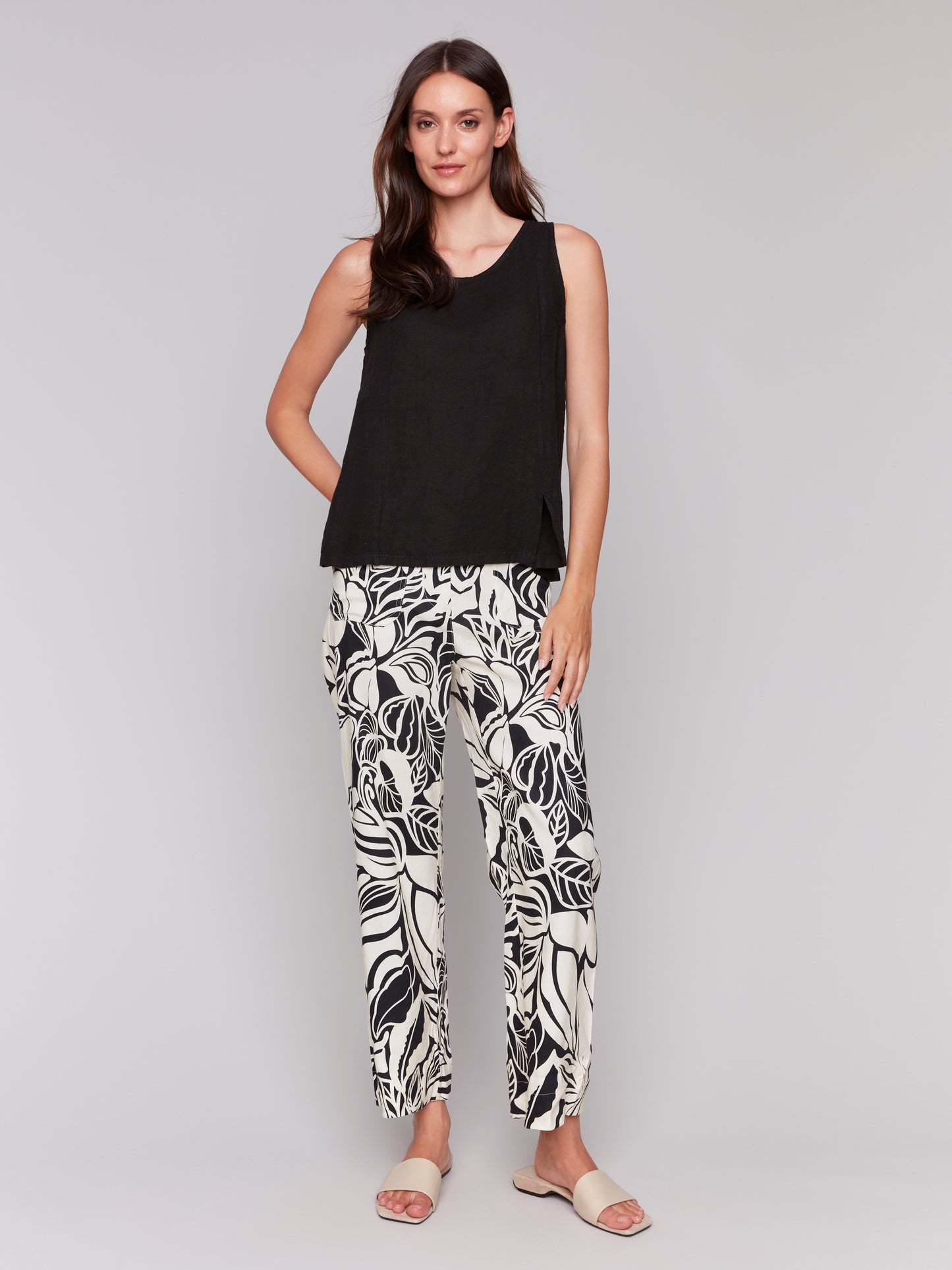 Charlie B Spring/Summer 2025-C4543R-001-Solid Sleeveless Linen Top W/Slits-Black - The Coach Pyramids