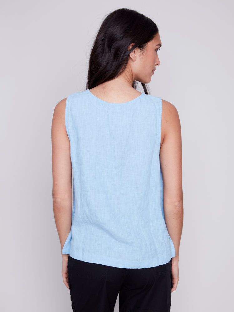 Charlie B Spring/Summer 2024-C4544-844C-Sleeveless Linen Top-Sky - The Coach Pyramids