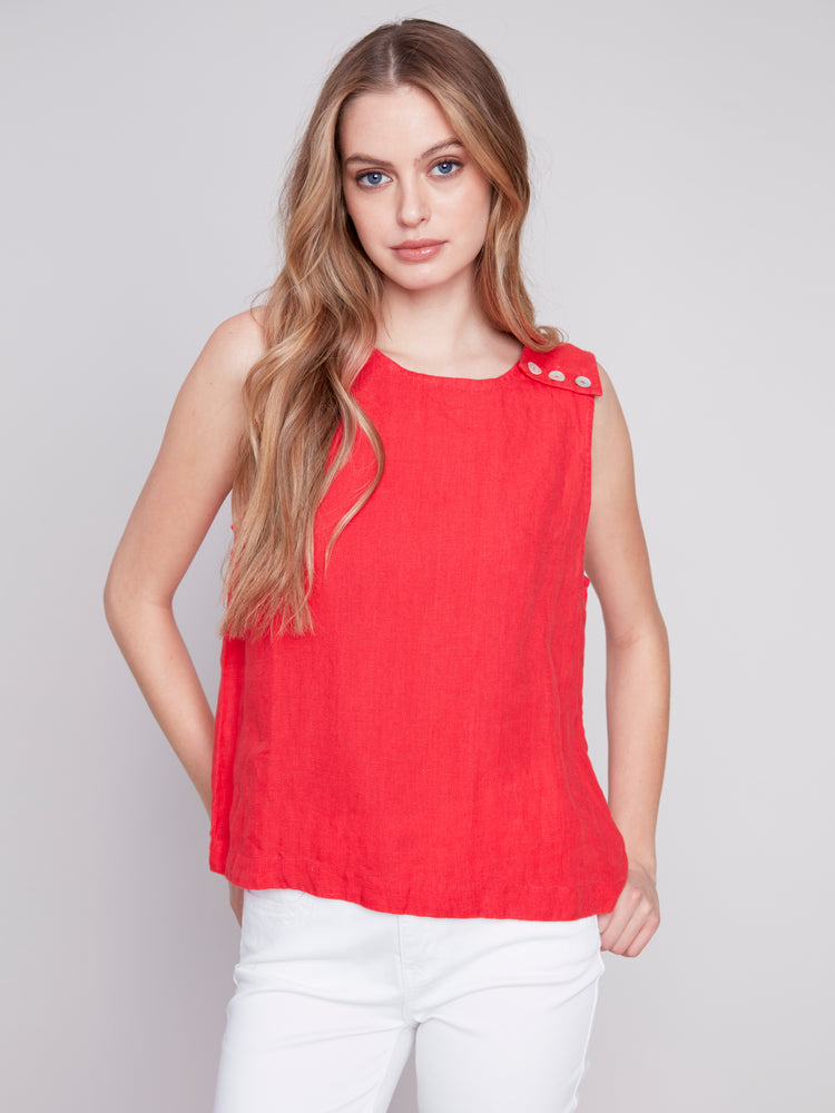 Charlie B Spring/Summer 2024-C4544-844C-Sleeveless Linen Top-Cherry