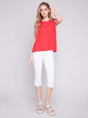 Charlie B Spring/Summer 2024-C4544-844C-Sleeveless Linen Top-Cherry - The Coach Pyramids