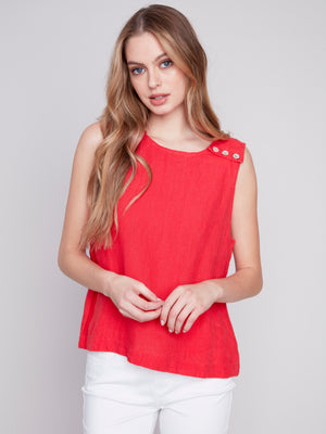 Charlie B Spring/Summer 2024-C4544-844C-Sleeveless Linen Top-Cherry - The Coach Pyramids