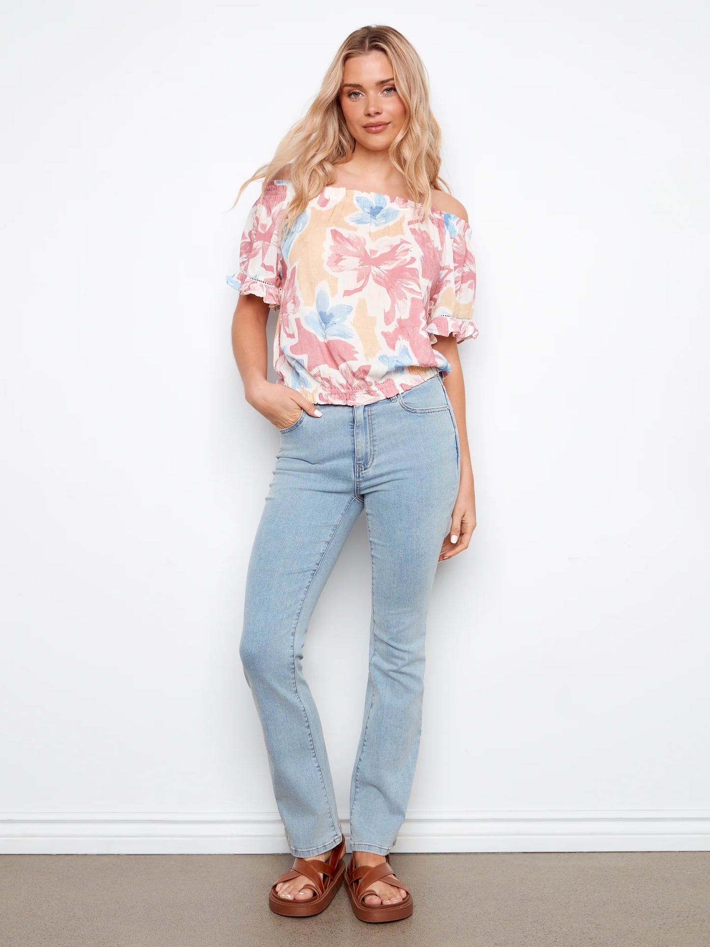 Charlie B-C4554PR-P971-Printed Short Sleeve Off Shoulder Blouse-Flowery - The Coach Pyramids