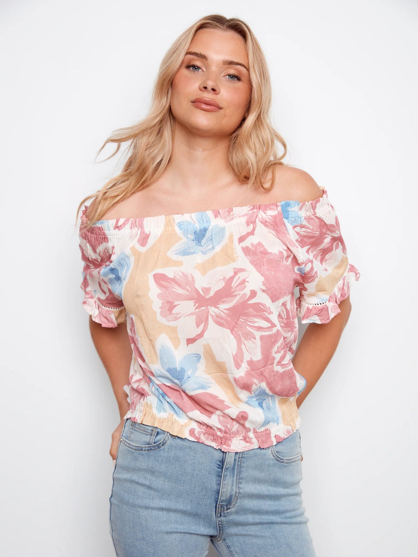 Charlie B-C4554PR-P971-Printed Short Sleeve Off Shoulder Blouse-Flowery - The Coach Pyramids